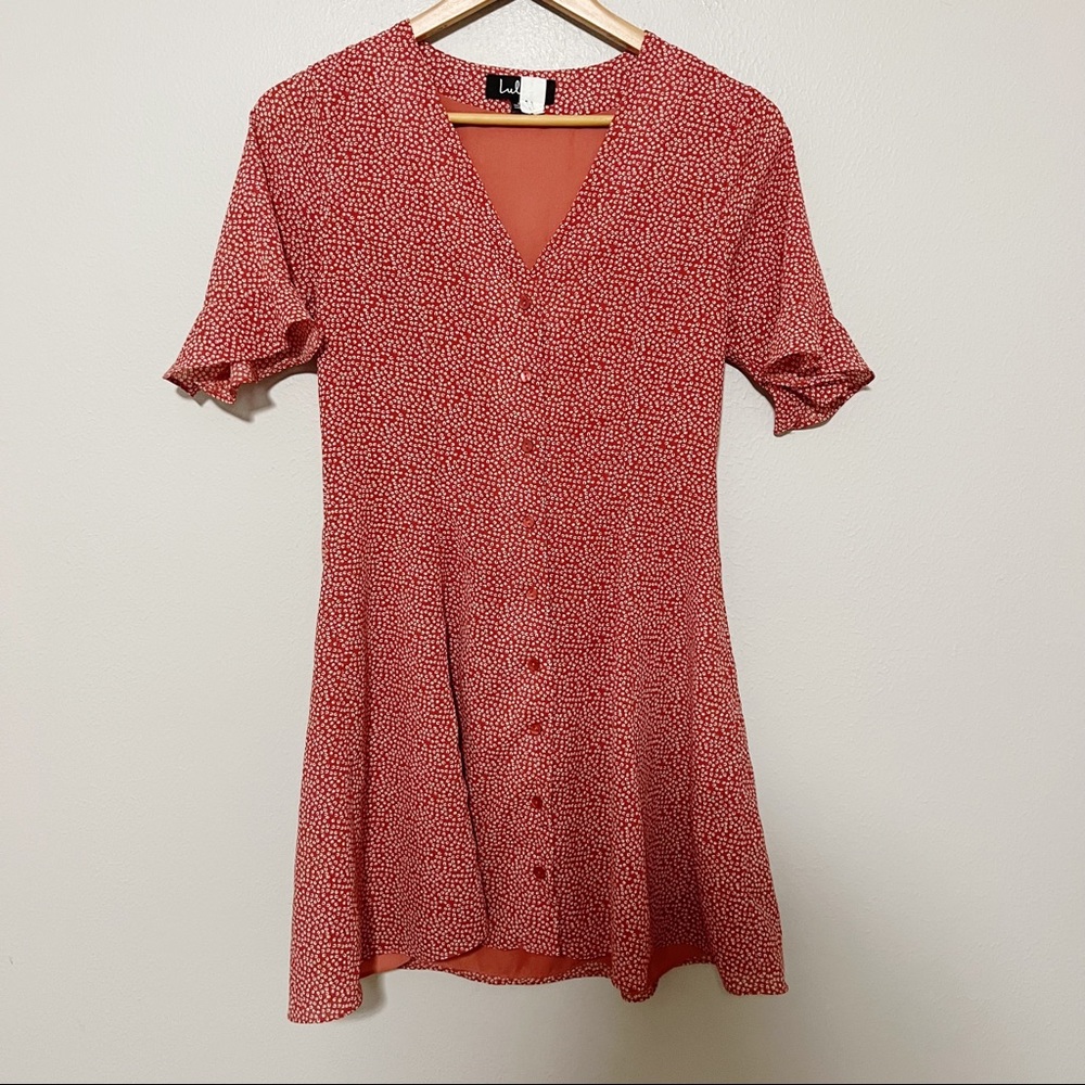 Lulus Castana Rust Red Print Button-Up Dress Sz S - image 5